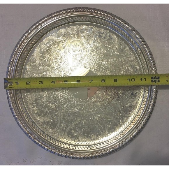 Vintage WM Rogers Silver Plate Serving 12 3/8" Round Tray Braided Rope Edge 671 - Picture 6 of 7
